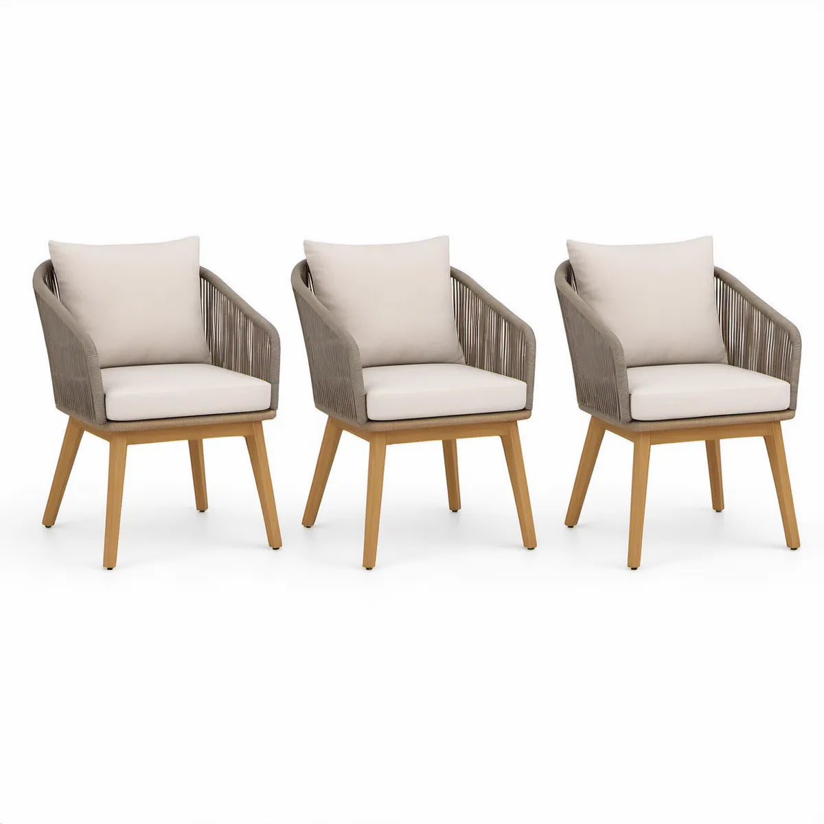 3er-Set Gartenstühle mit Armlehnen, Akazienholz und Polypropylen-Geflecht, Naturholz/Taupe/Beige, 59 x 64 x 83 cm