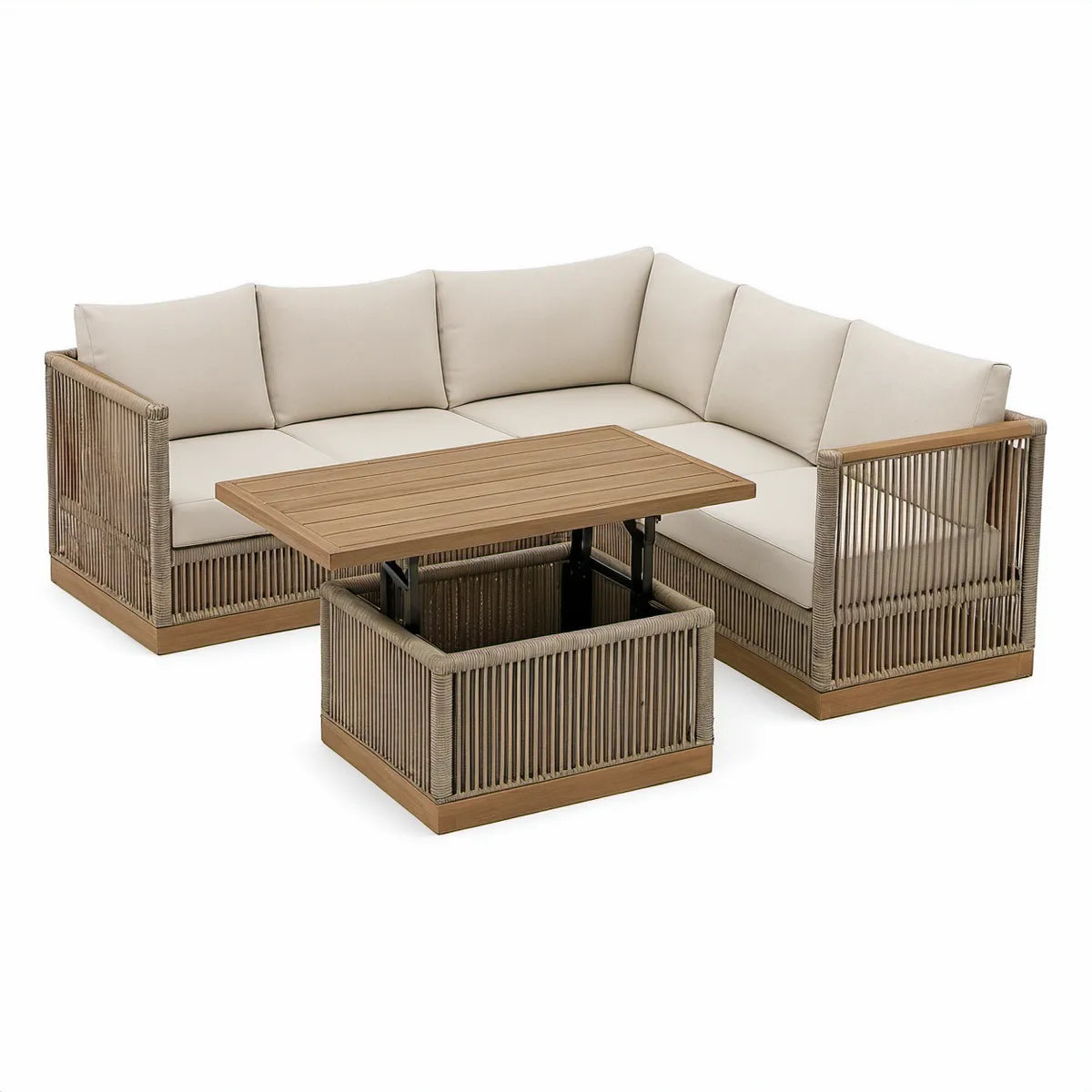 Gartenlounge 3-teilig, 240 x 240 cm, mit höhenverstellbarem Tisch aus Aluminium, PE-Geflecht und Akazienholz, Beige/Taupe/Braun/Schwarz