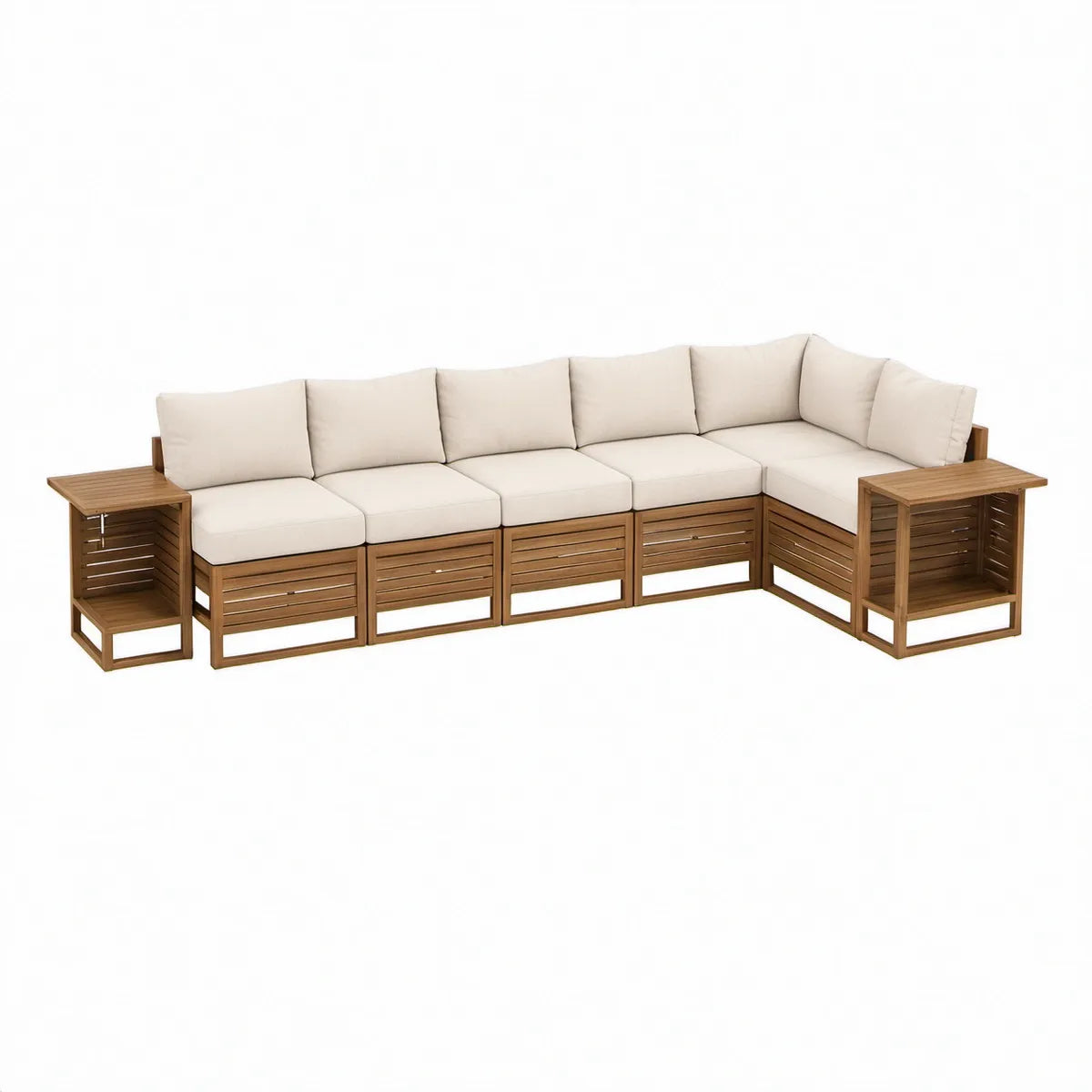 5-Sitzer Gartenlounge-Ecksofa aus Akazien-Massivholz Naturbraun mit cremefarbenen Kissen, 385 x 80 x 68 cm