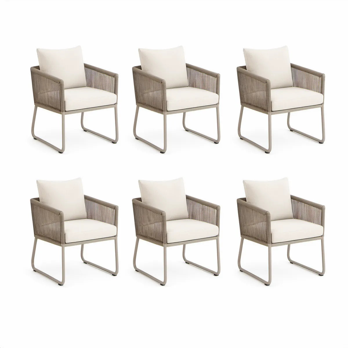 6er-Set Gartenstühle mit Armlehnen, Stahl-Kufengestell und PE-Kordelbespannung, 63 x 67 x 80 cm, Taupe/Creme