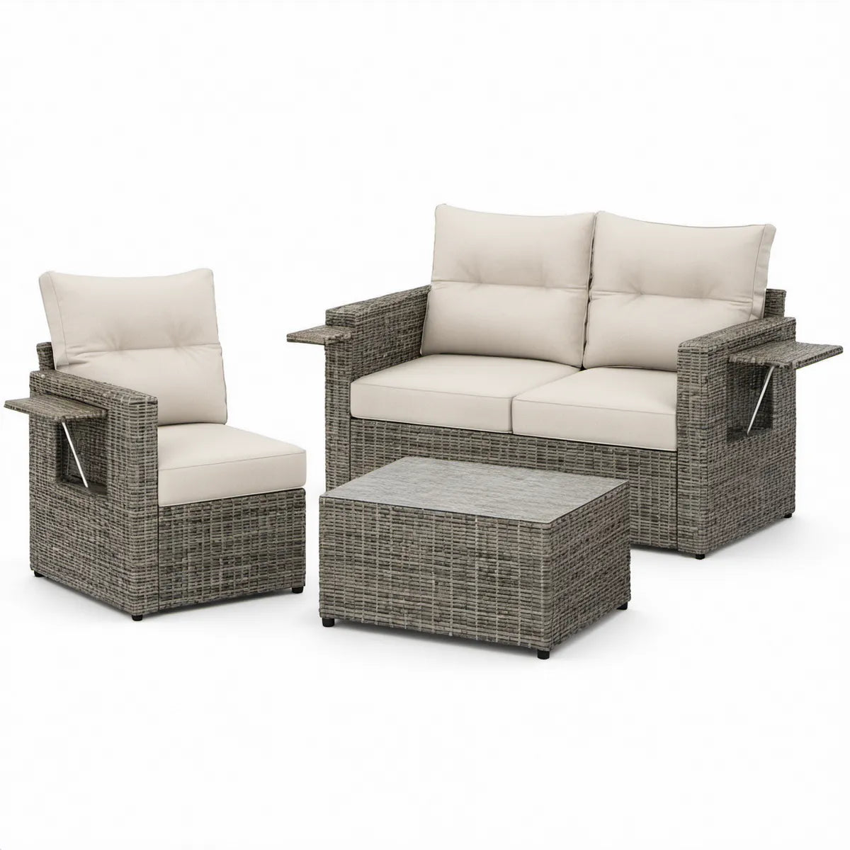 3-teiliges Gartenlounge-Set aus PE-Rattan in Grau/Creme mit Zweisitzer 129 x 67 x 76 cm, Sessel und Couchtisch