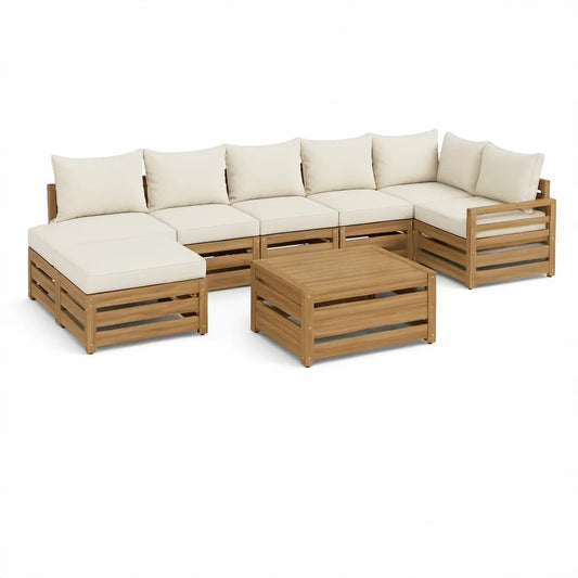 7-teiliges modulares Garten-Lounge-Set aus Akazienholz Naturbraun/Creme, 280 x 210 x 65 cm
