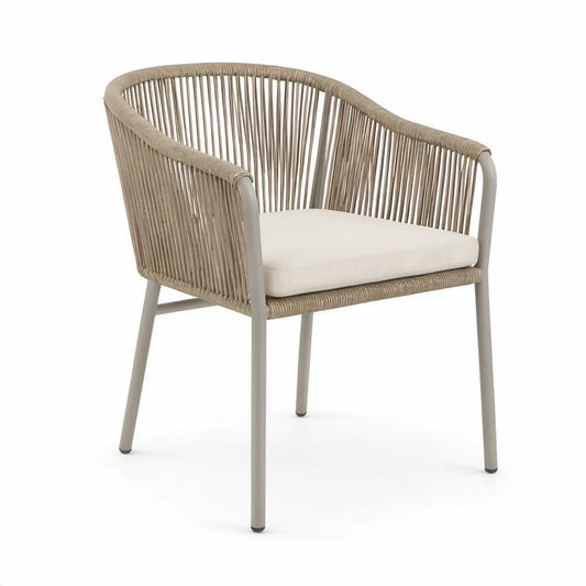 Gartenstuhl mit Armlehnen, Aluminiumgestell und Seilgeflecht, Beige/Taupe/Cremeweiss, 58 x 62 x 78 cm