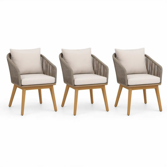 3er-Set Gartenstühle mit Armlehnen, Akazienholz und Polypropylen-Geflecht, Naturholz/Taupe/Beige, 59 x 64 x 83 cm