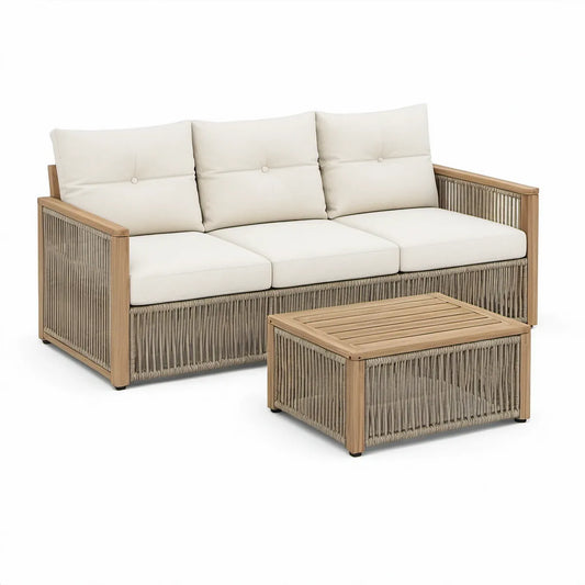3-Sitzer-Loungeset aus Akazien-Massivholz mit Seilgeflecht, 220 × 85 × 78 cm, Tisch 110 × 60 × 42 cm, Naturholz/Taupe/Beige