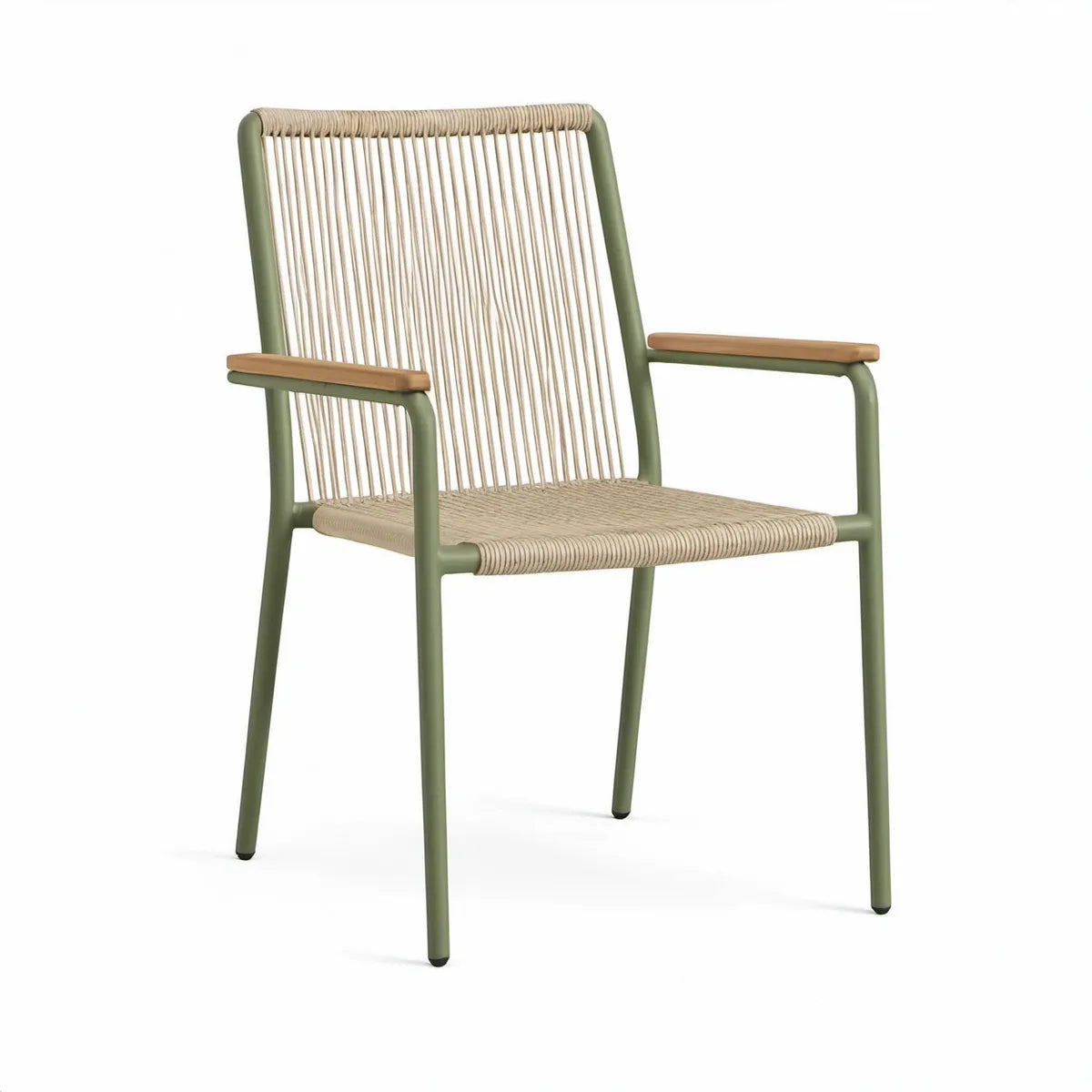 Gartenstuhl mit Armlehnen, Aluminium und Polyesterseil, Olivgrün/Beige/Naturbraun, 58 x 62 x 83 cm