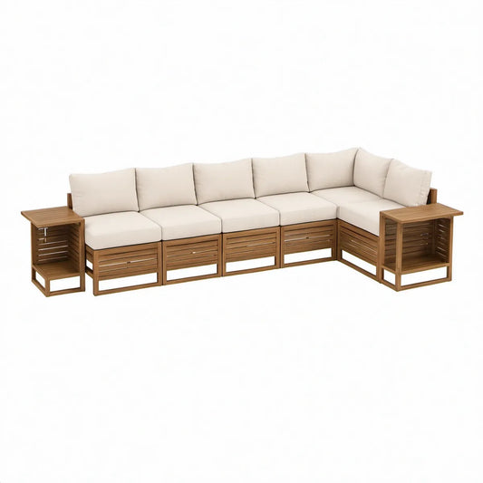 5-Sitzer Gartenlounge-Ecksofa aus Akazien-Massivholz Naturbraun mit cremefarbenen Kissen, 385 x 80 x 68 cm