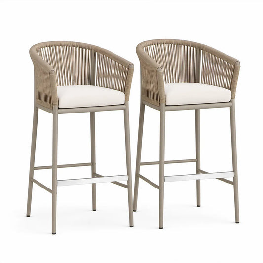 2er-Set Gartenbarhocker mit Armlehnen, 55 x 59 x 111 cm, Aluminium-Seilgeflecht, Taupe/Beige