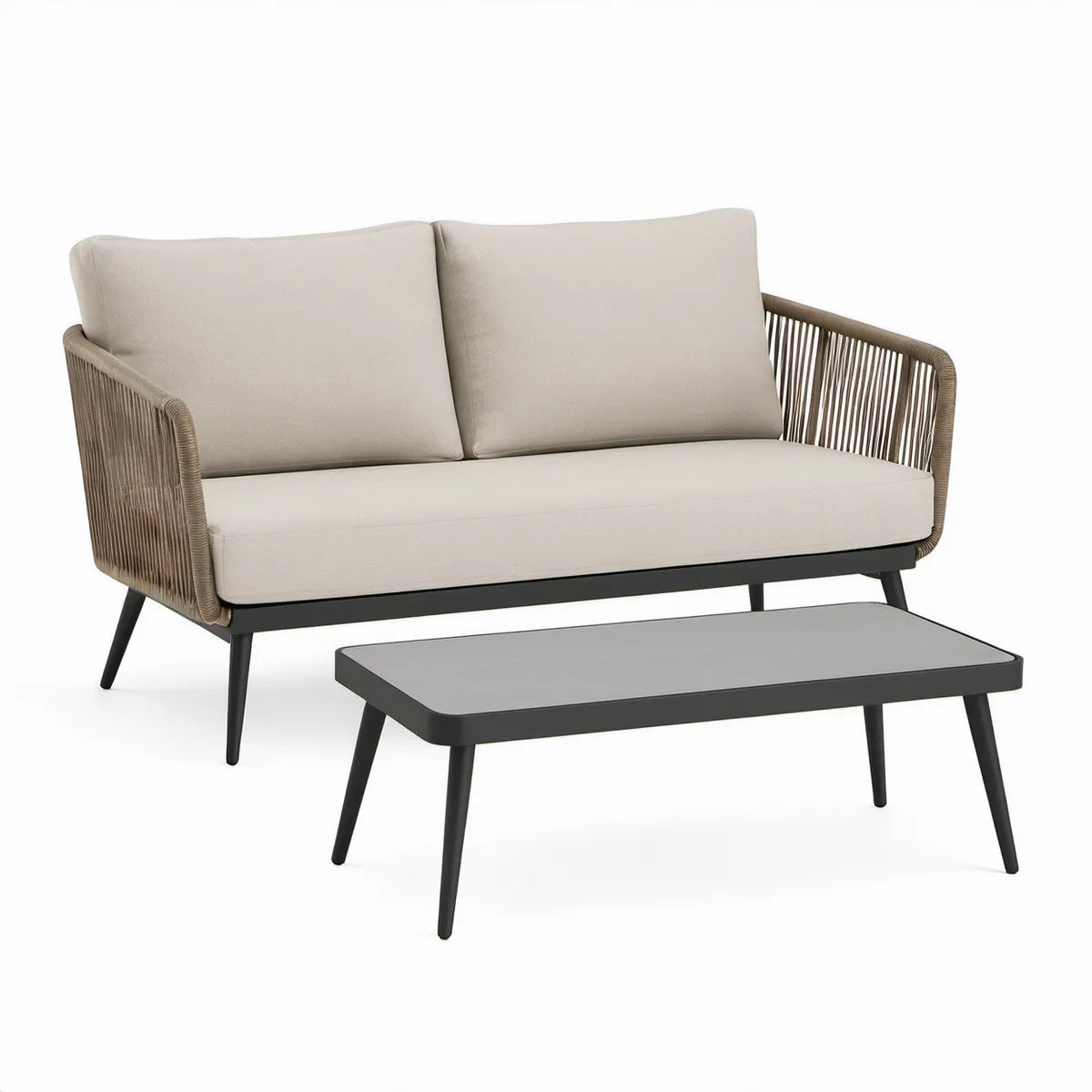 2-teiliges Gartenlounge-Set Beige/Taupe/Schwarz/Grau, 2-Sitzer 145 x 75 x 78 cm, Tisch 100 x 55 x 43 cm