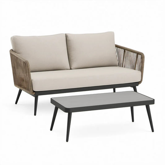 2-teiliges Gartenlounge-Set Beige/Taupe/Schwarz/Grau, 2-Sitzer 145 x 75 x 78 cm, Tisch 100 x 55 x 43 cm