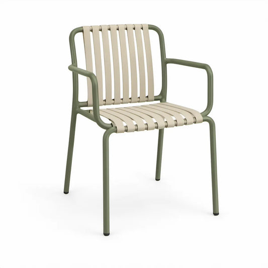 Gartenstuhl mit Armlehnen, 58 x 57 x 80 cm, Stahl und PVC, Olivgrün/Beige