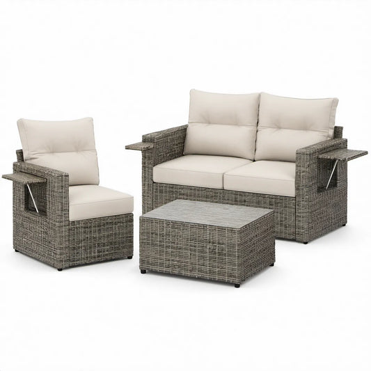 3-teiliges Gartenlounge-Set aus PE-Rattan in Grau/Creme mit Zweisitzer 129 x 67 x 76 cm, Sessel und Couchtisch