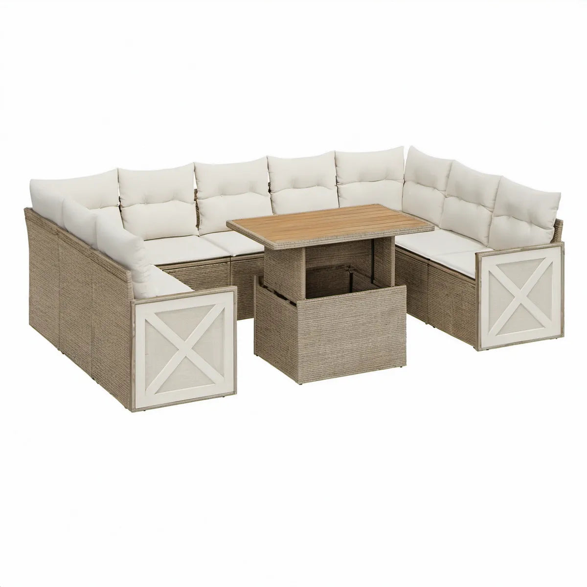U-förmige Polyrattan-Sitzgruppe 250 x 250 cm in Beige, Weiss und Hellbraun mit Akazienholztisch