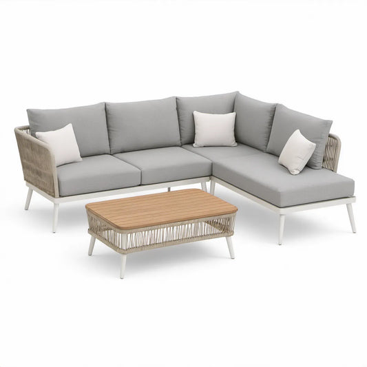 Garten-Lounge-Set in L-Form 250 x 170 x 75 cm mit Couchtisch, Aluminium, Akazienholz, Grau/Weiss/Natur