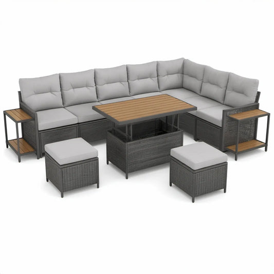 8-teiliges Gartenlounge-Set mit Ecksofa, Hubtisch und Hockern, Anthrazit/Hellgrau/Braun, 250 × 250 cm
