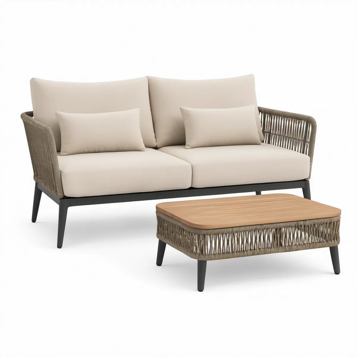 2-Sitzer-Gartenlounge mit Couchtisch, Aluminium und PE-Geflecht, Beige/Taupe, Sofa 154 x 78 x 76 cm, Tisch 110 x 60 x 42 cm