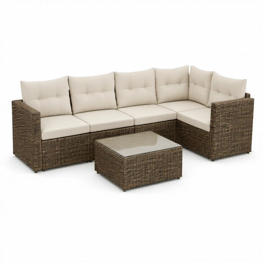 6-teiliges Gartenlounge-Eckset aus Polyrattan, Braun/Creme, 225 × 225 × 83 cm
