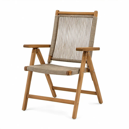 Klappbarer Gartenstuhl aus massivem Akazienholz mit Polypropylenseil, Naturbraun/Beige, 58 x 70 x 98 cm