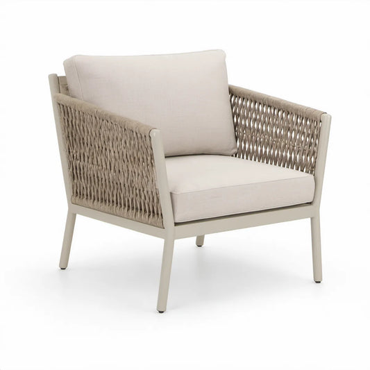 Gartensessel mit Armlehnen, Aluminium und Polypropylen-Seilgeflecht, Beige/Taupe, 74 x 78 x 76 cm